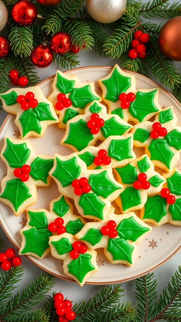 A plate of holly-shaped Christmas cookies with green icing and red berries, set against a festive holiday background.